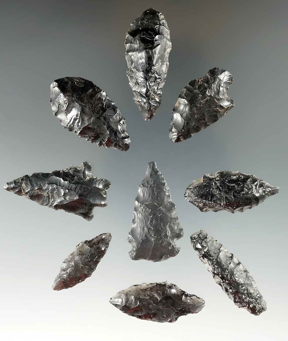 Group of nine obsidian arrowheads found near Lake Mohave, Northern California.