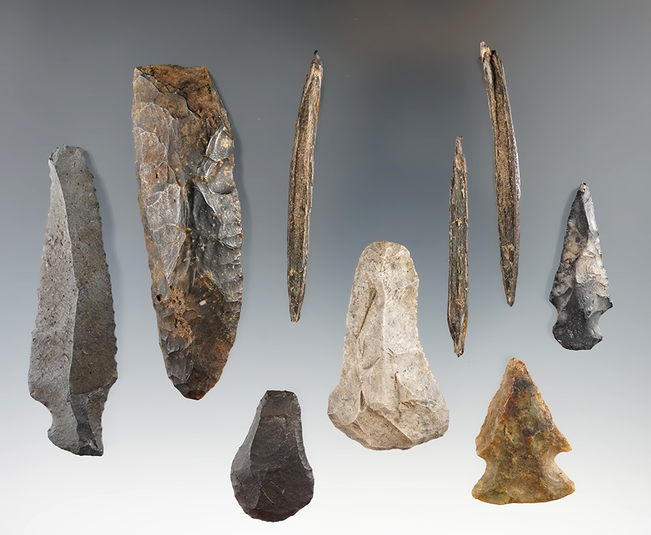 Group of seven assorted Florida artifacts including a 3 5/16" Uniface Knife and several bone points.