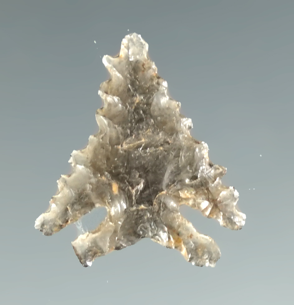 Exceptional flaking and serrations on this 11/16" Obsidian Wintu Point found in California.