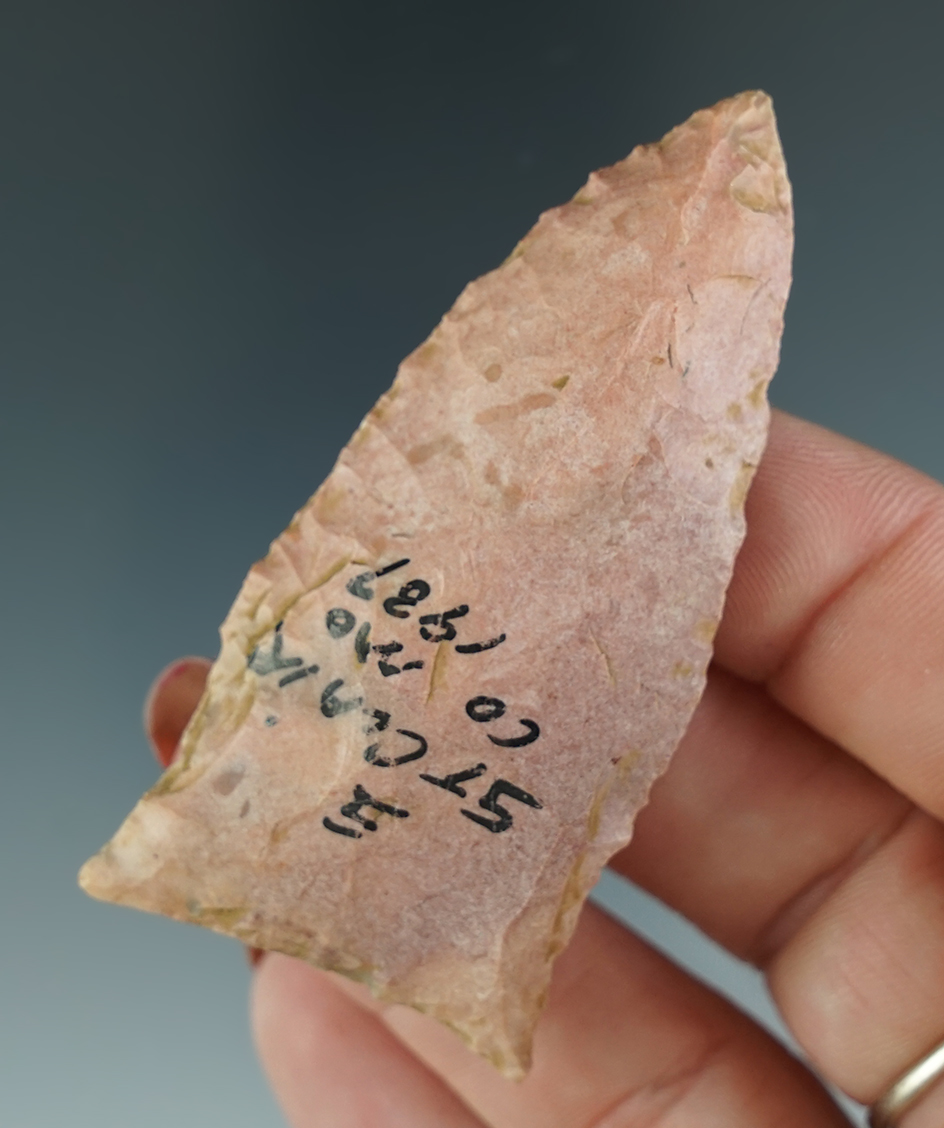 2 5/8" Rice Side Notch made from attractive pink material found in St. Claire Co., Missouri 1937.