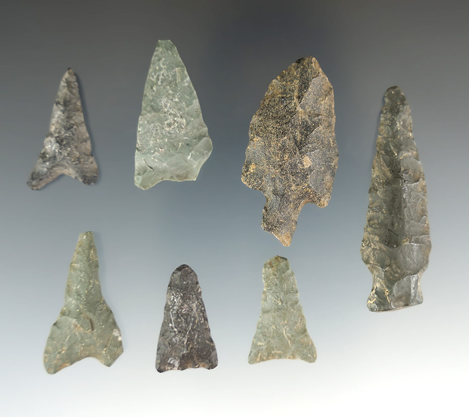 Group of seven assorted Flint Projectile Points recovered in Juneau, Alaska. Largest is 1 5/8".
