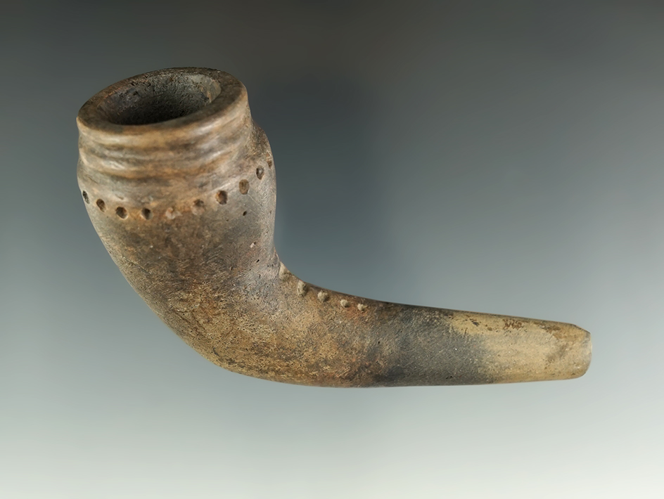 Excellent style on this partially restored 3 7/8" long Iroquois Ring Bowl clay pipe - New York.