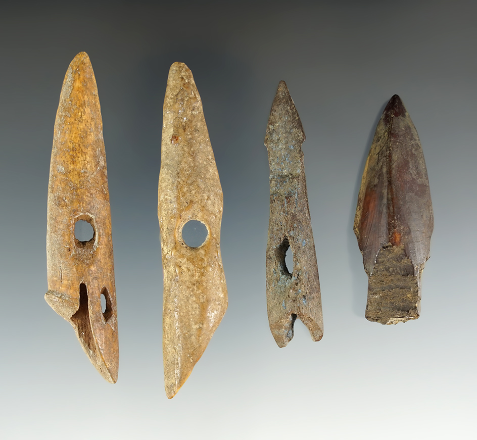 Set of four Inuit bone harpoon tips recovered in Alaska, largest is 3 1/8".