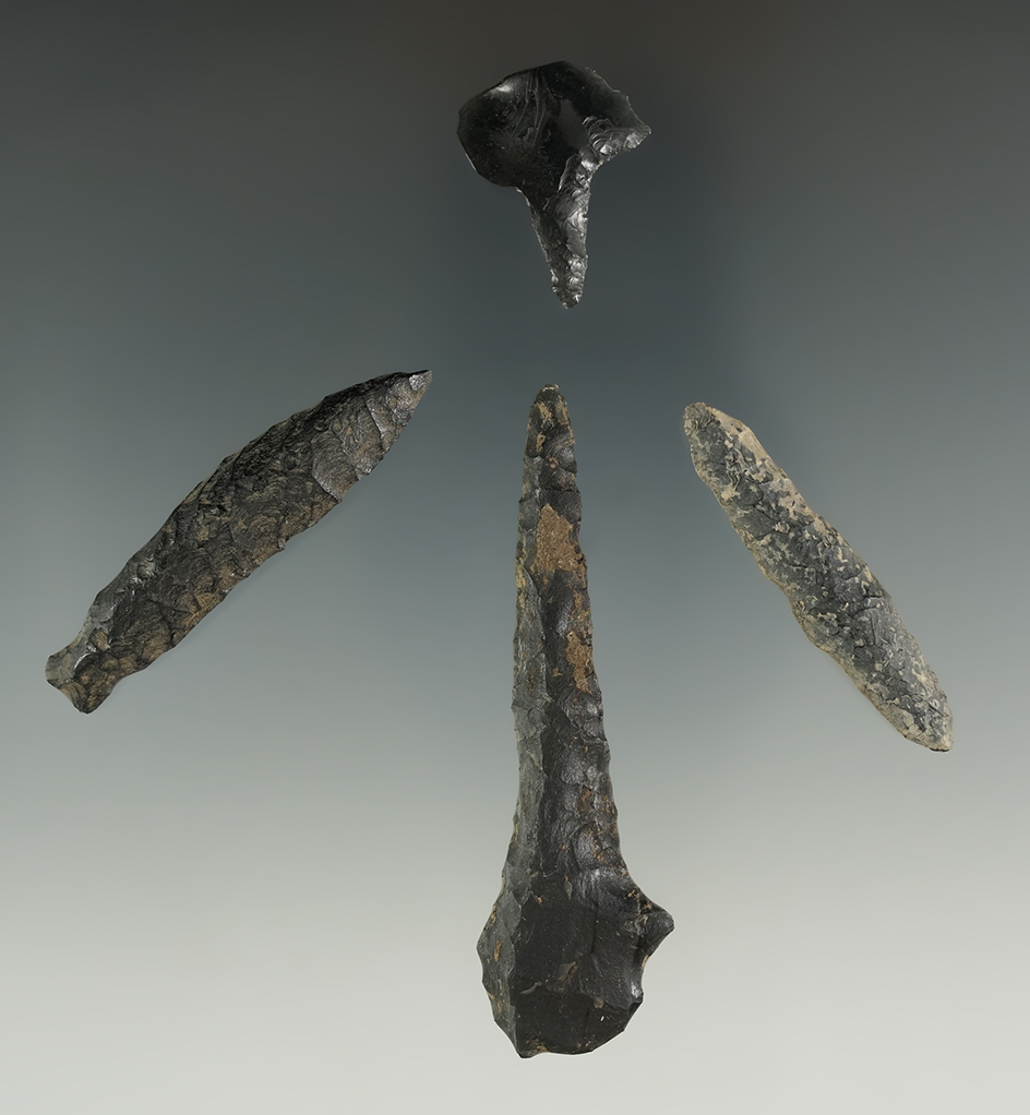 Set of four Obsidian Drills found in Oregon, largest is 2 13/16".