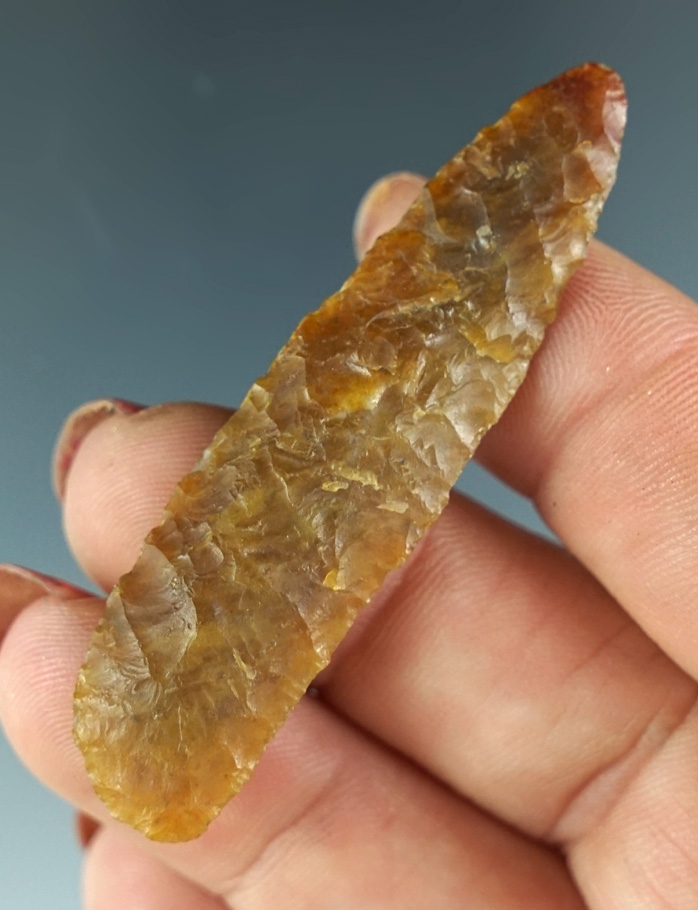 Incredible flaking on this 2 3/16" Lanceolate Knife with beautiful oblique flaking - Wyoming.