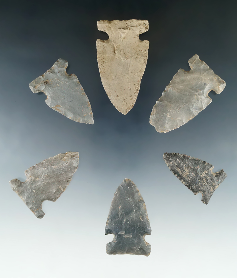 Set of six sidenotch arrowheads found in Tennessee, largest is 2 1/4". This is a very nice set!