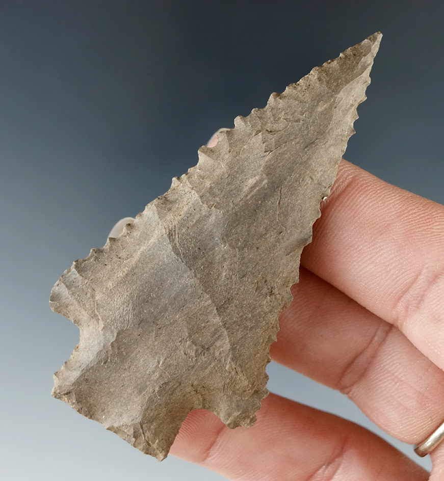 2 3/4" serrated Kirk made from Dover Flint found in Tennessee.