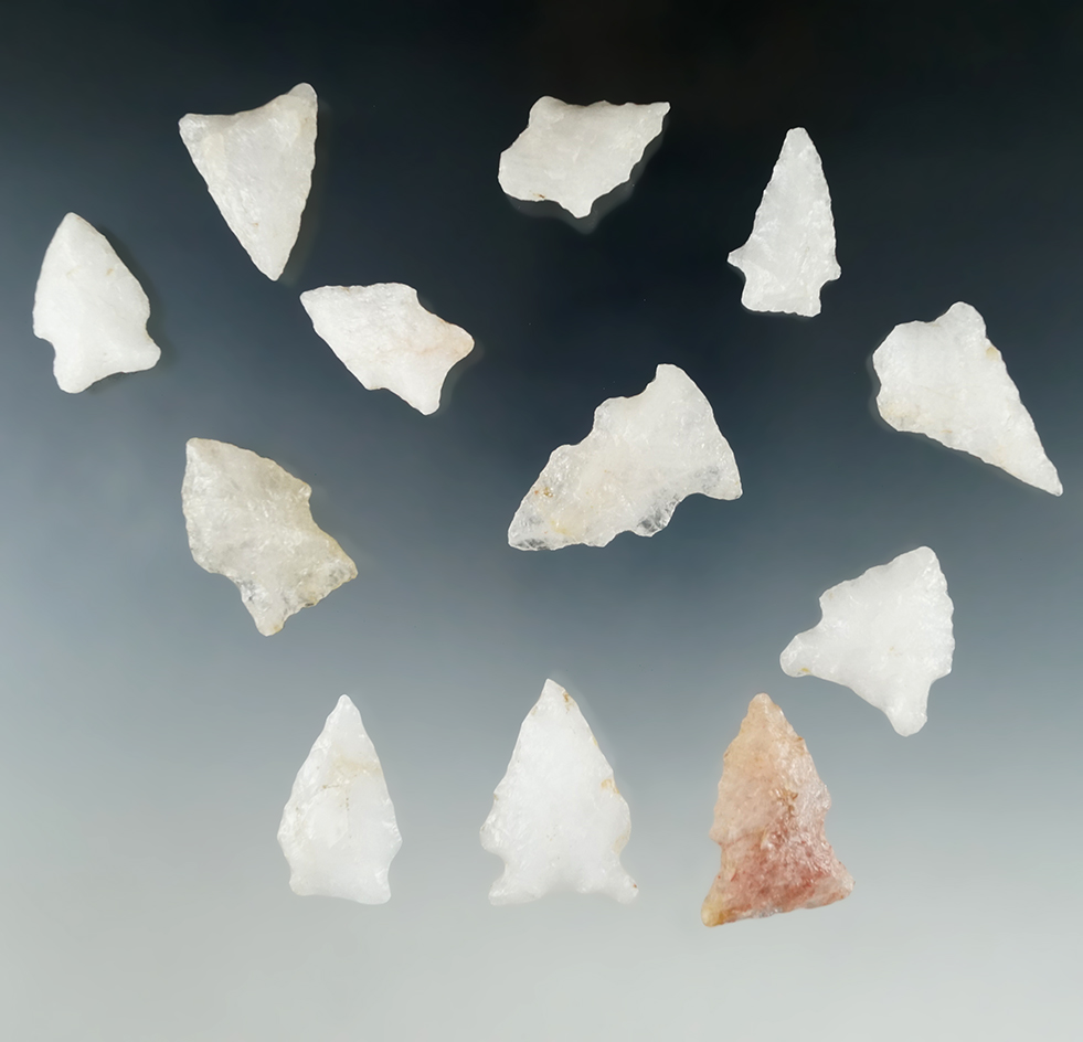 Set of 12 nice Quartz arrowheads found in Virginia, largest is 1 5/16".