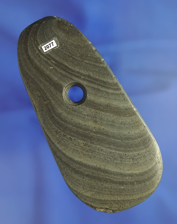 4 7/16" beautifully banded slate Pendant found in Wood County Ohio. Ex. Ron Elleman collection.