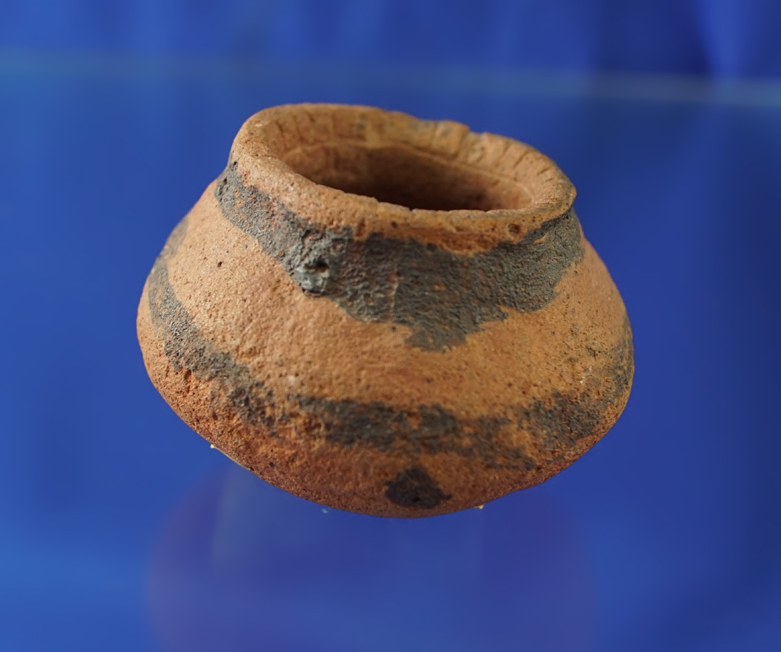 2 1/8" Pinedale black on red miniature Southwestern bowl found intact with no restoration.