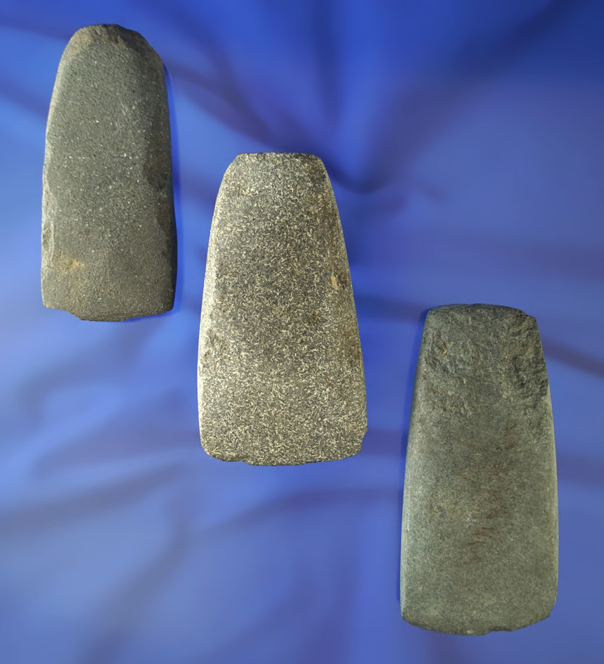 Set of three nicely styled stone Celts found in Michigan, largest is 3 1/2".