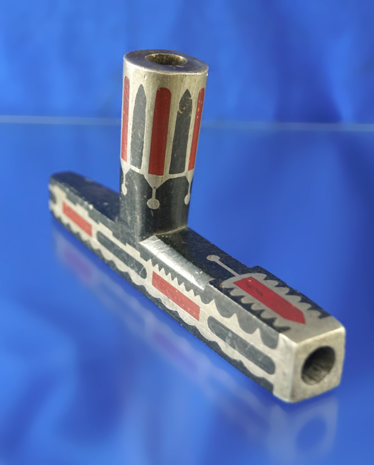 Truly exceptional workmanship on this 6 1/4" very ornate Pipe with lead and Catlinite inlays.