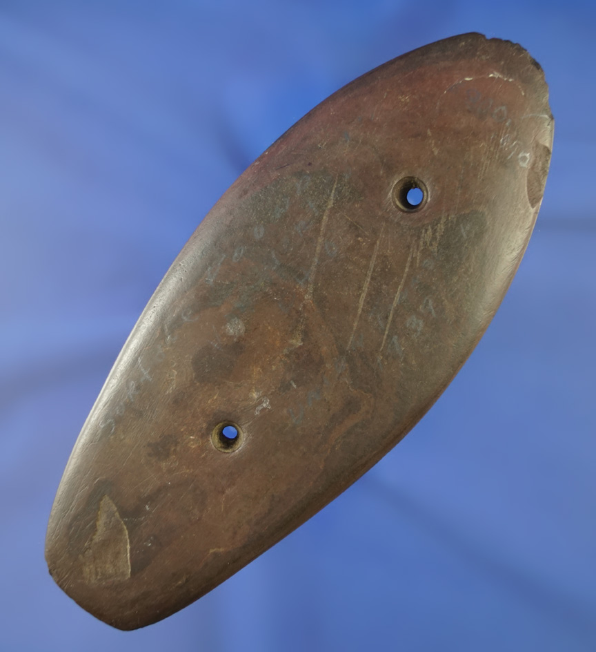 Large! 6 3/16" red banded slate Sandal Sole Gorget found in Union Township, Van Wert Co.,  Ohio