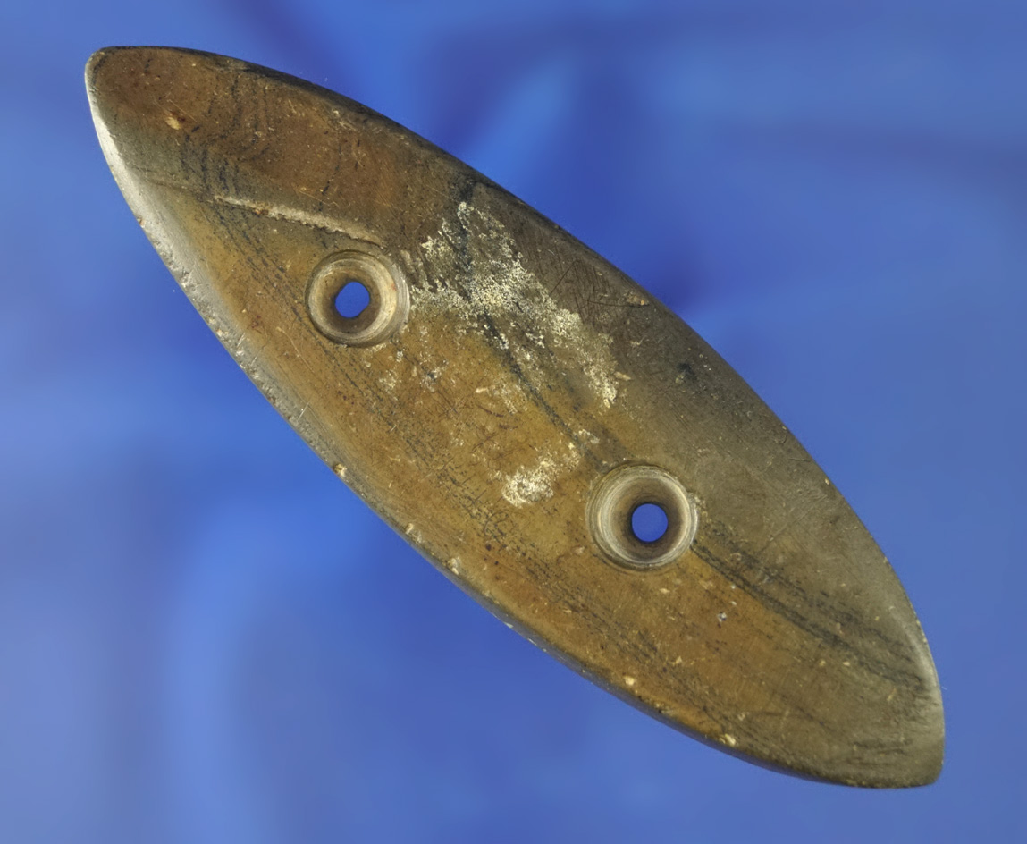 Uniquely styled 4" highly patinated  elliptical Gorget with many tallies on the edges. Found in Ohio