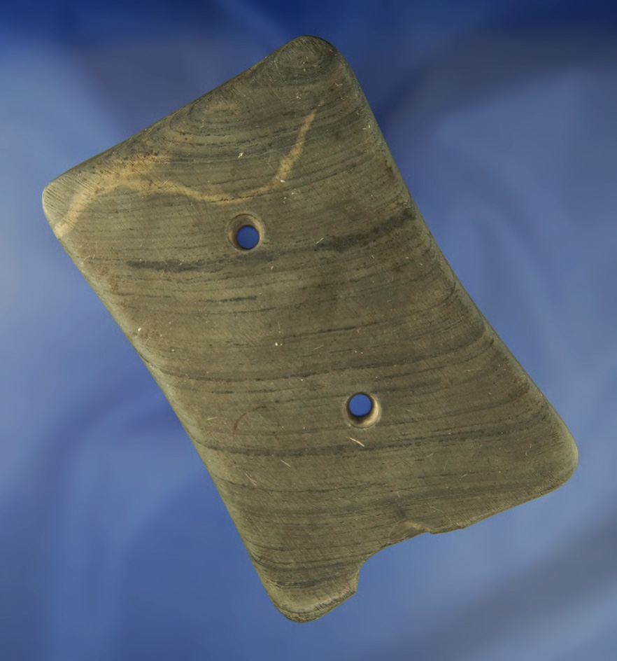 Heavily patinated 4 7/16" Quadriconcave Gorget made from nicely banded slate found in Ohio.