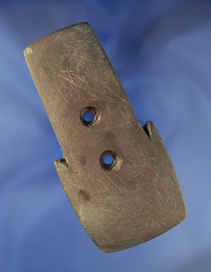 Excellent style red slate Shovel  2 Hole Pendant with tallies on the top found in Huntington Co.,  I