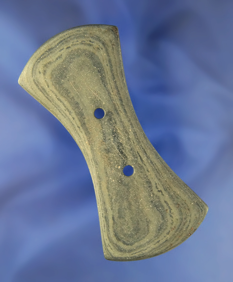 3 9/16" Bi-concave Gorget made from banded slate found in Darke Co.,  Ohio.  Perino COA.