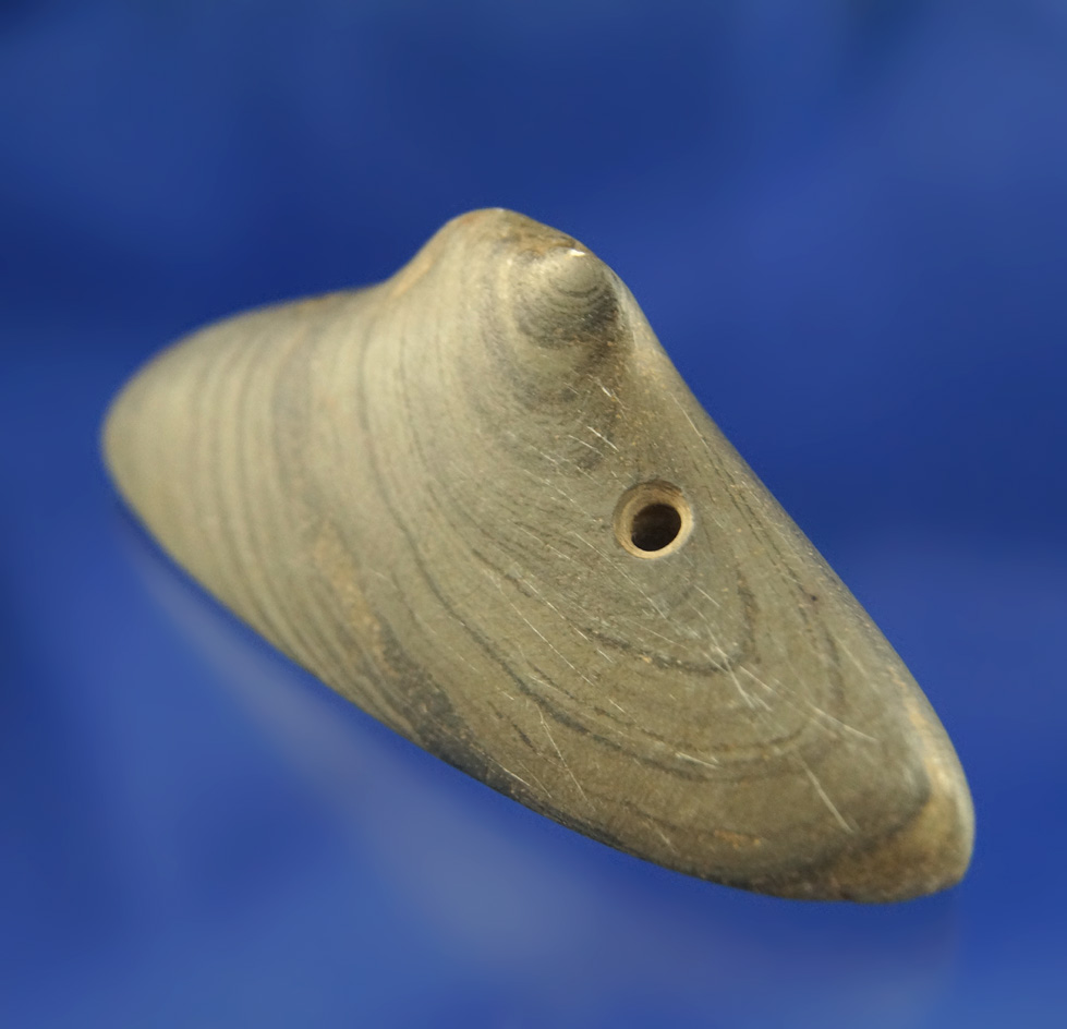 3 3/4" long Spineback Gorget found in Shelby Co.,  Ohio made from beautifully banded glacial slate.