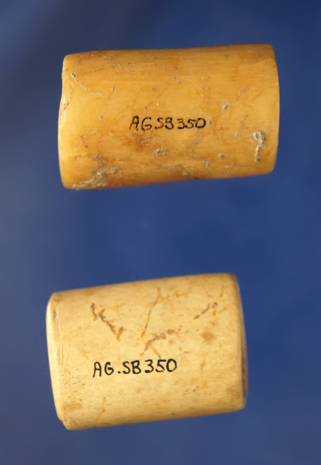 Pair of beautifully crafted Bone Beads, largest is 1 1/4" found by Art Gerber at the Crib Mound