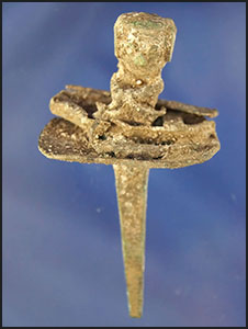 RARE!  Moche Copper Staff Tip figure of a fisherman in boat with paddle and a fish on his line.  Per