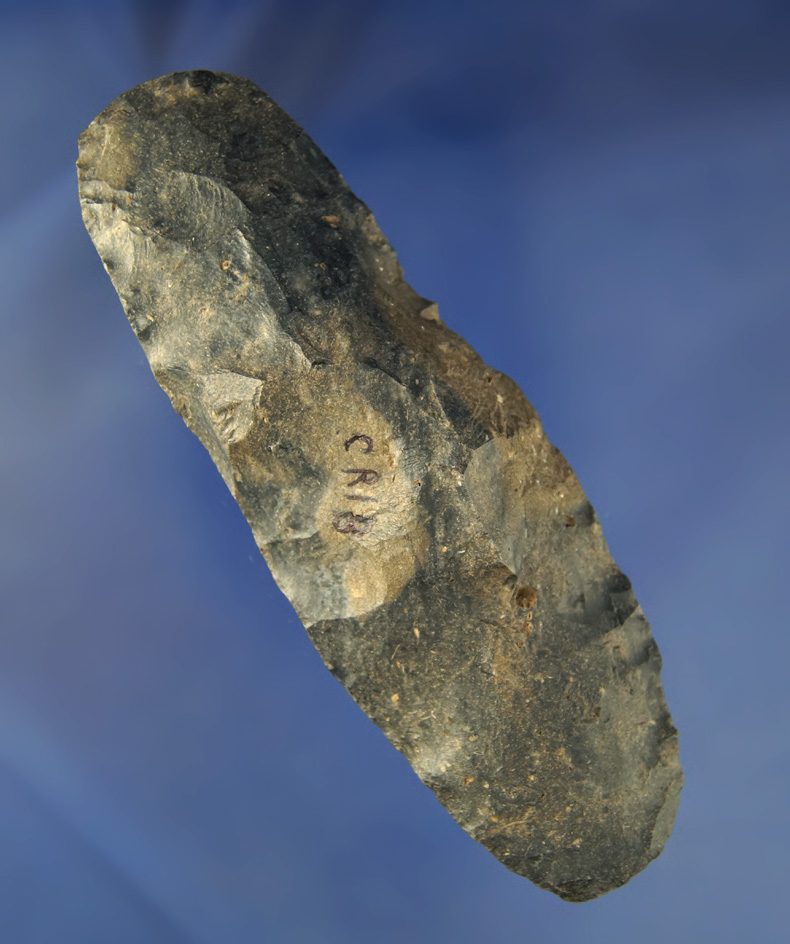 Very unique 4 7/8" Flint chisel found at the Crib Mound by Don Champion. Signed by Don Champion.