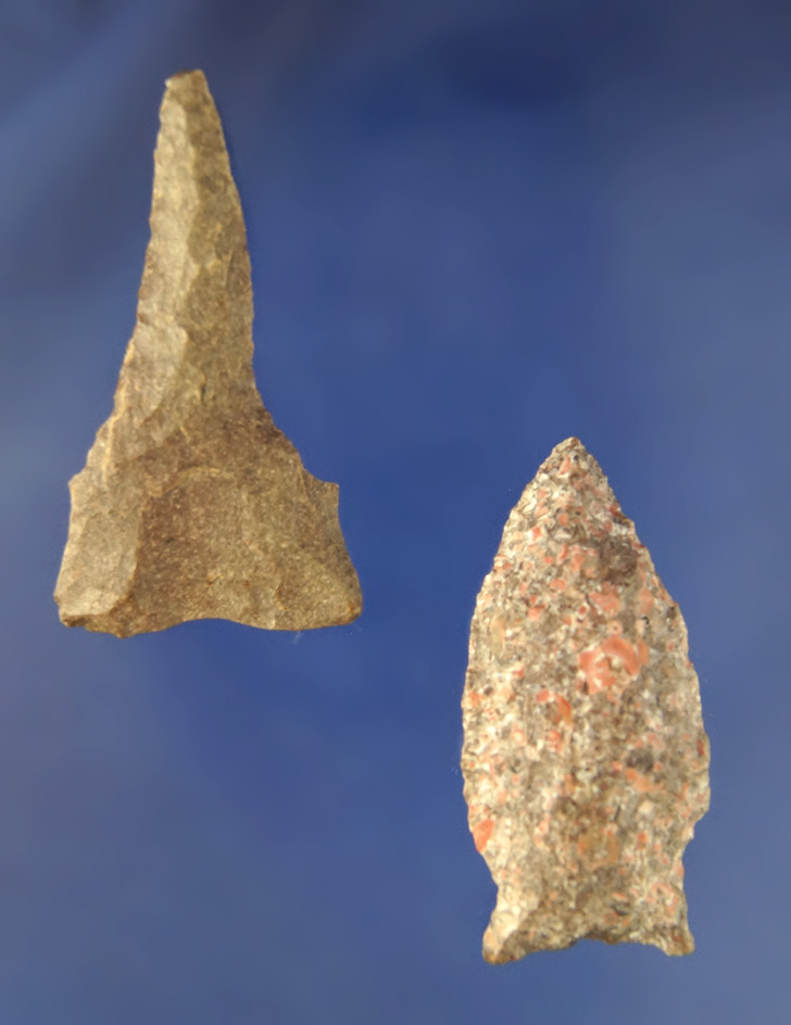 Pair of Flint artifacts including an arrowhead and a drill, largest is 2 3/16" found at the Crib Moun
