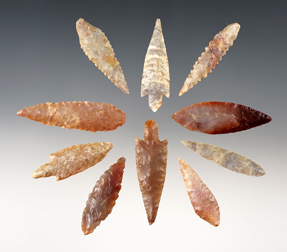 Ex. Museum! Set of 10 African Neolithic points made from colorful material. The largest is 1 15/16".