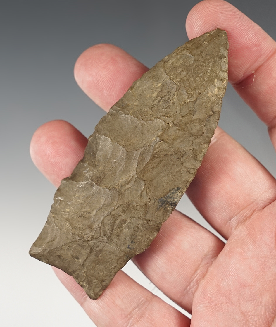 3 5/8" Stemmed Lanceolate with good ancient grinding to the stem. Barren Co., Kentucky.