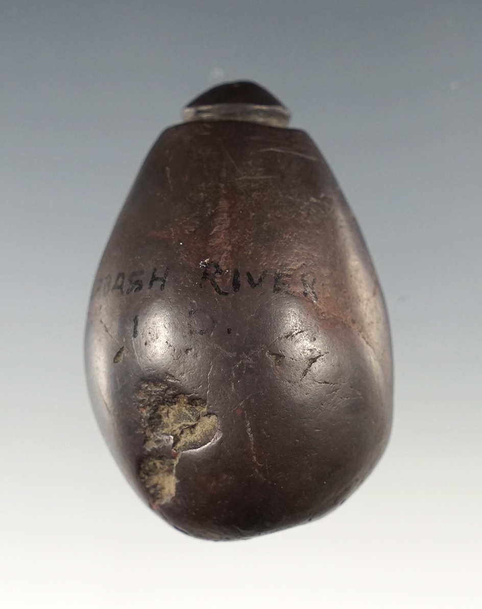 2" grooved Hematite Plummet found in Wabash River area of Indiana. Ex. Cameron Parks.