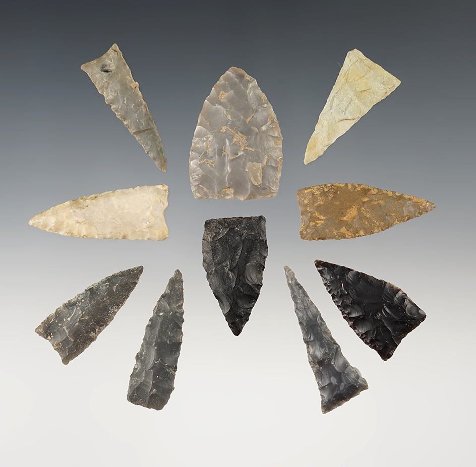 Set of 10 nice Triangular points found in the Kentucky/Tennessee area. The largest is 1 5/8".