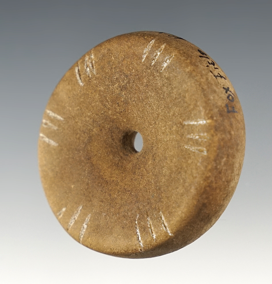 Finely made 2" engraved Ft. Ancient Discoidal - Sandstone. Found at the Fox Field Site. Ex. Kuhn.