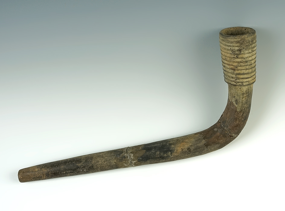 Large! 8 3/4" ring bowl Iroquois pipe. Two broken and mended areas on stem. New York.