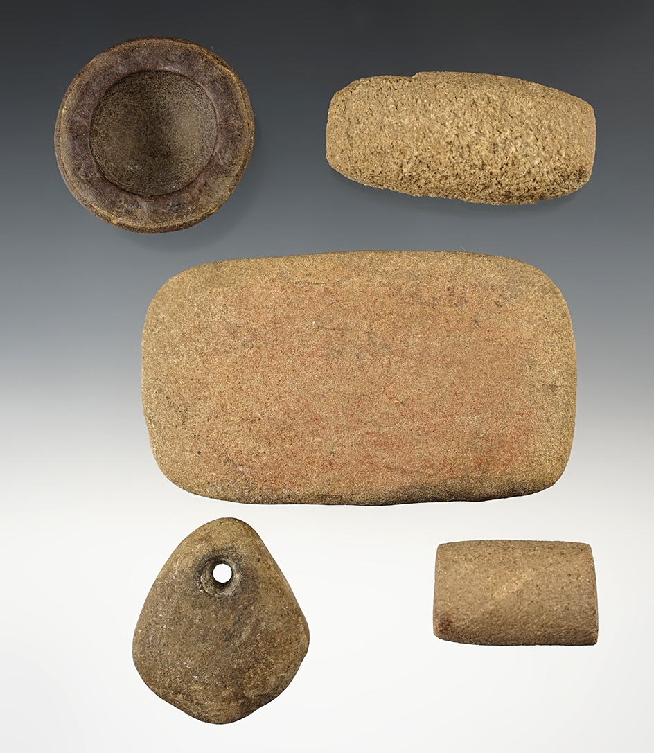 Set of assorted Ohio artifacts including an undrilled Tablet Gorget and misc Weights. 
