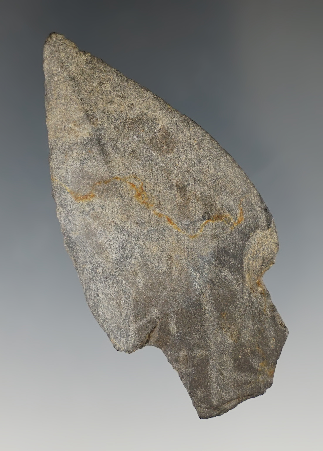 2 5/8" stemmed Inuit harpoon tip made from polished slate found in Alaska.