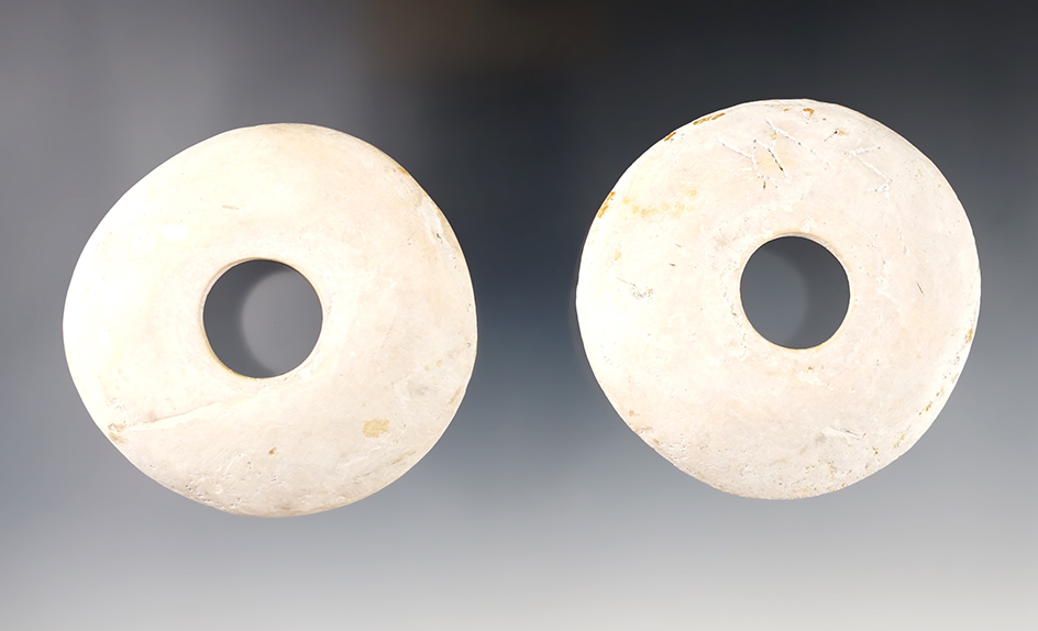 Ex. Museum! Pair of Mayan conch shell ear flares. Guatemala. 300 B.C.- A.D. 100. 2 5/8" diameter.