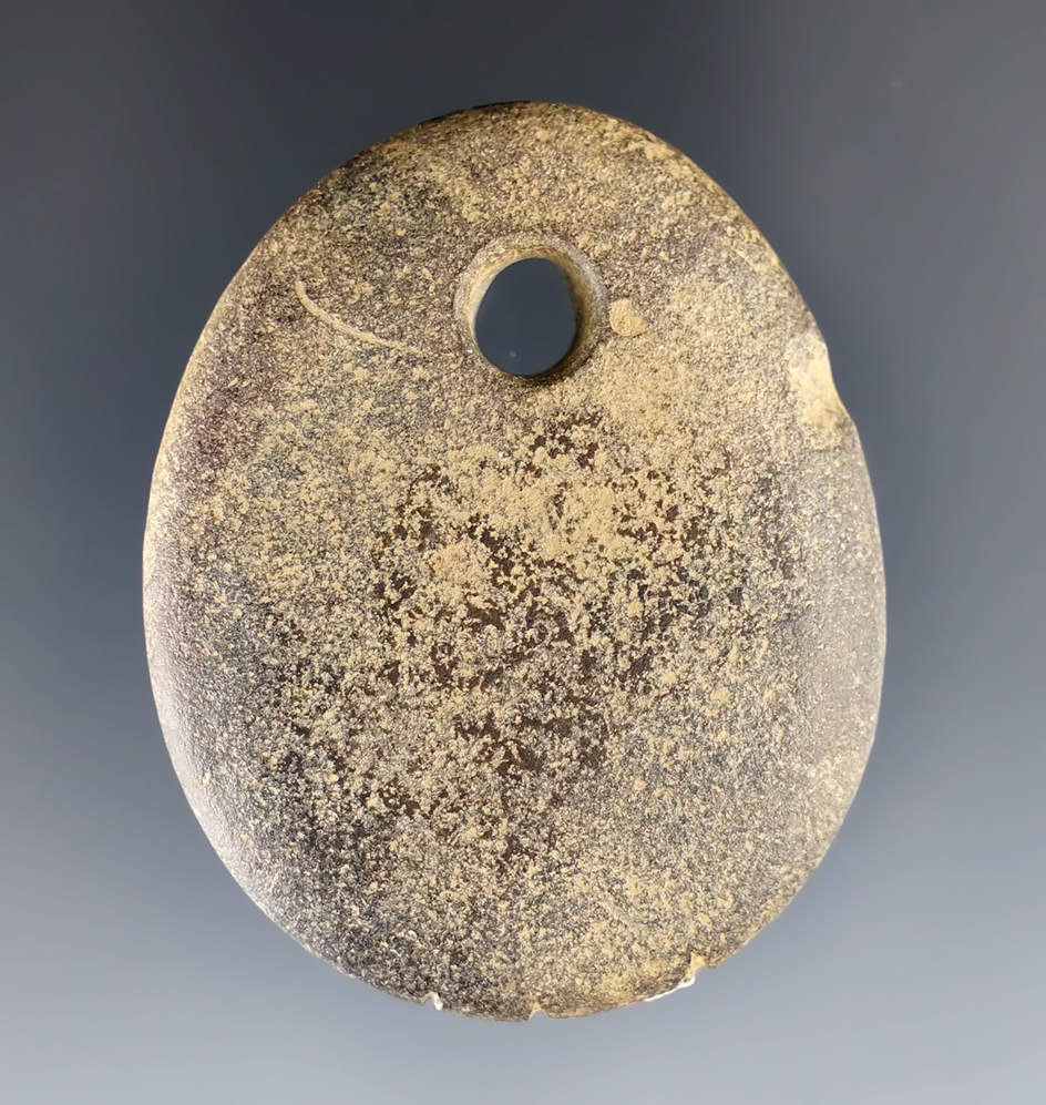 2" Pendant with several tallies and 3 small engraved dots. Found in Coshocton Co., Ohio.
