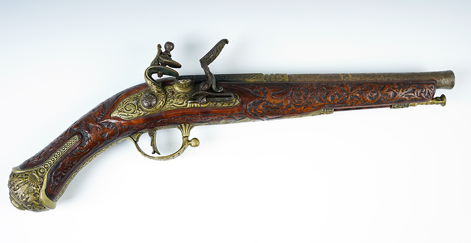 Highly decorated Italian flintlock pistol. 52 cal. with a 9 3/4" cannon barrel. 