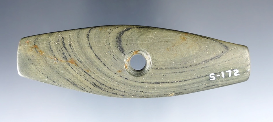 Very unique 4 1/16" center-drilled pendant. Found on the Zolman farm in Knox Co., Ohio.