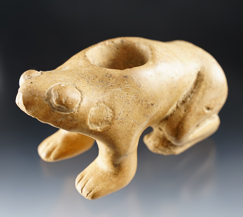 Ex. Museum! Mississippian period 4 3/4" frog effigy clay pipe w/ restoration to front legs. AR/MO.