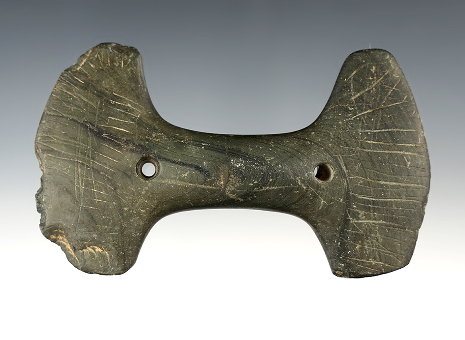 4 3/4" engraved Constricted Center Gorget- Richland Township, Allen Co., Ohio. Ex. Pete Diller.