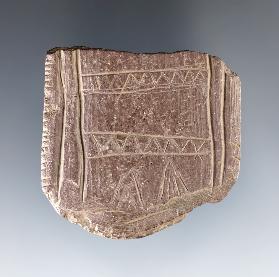 1 7/8" wide Pendant section that is heavily engraved. Found in Schuyler Co., Illinois.