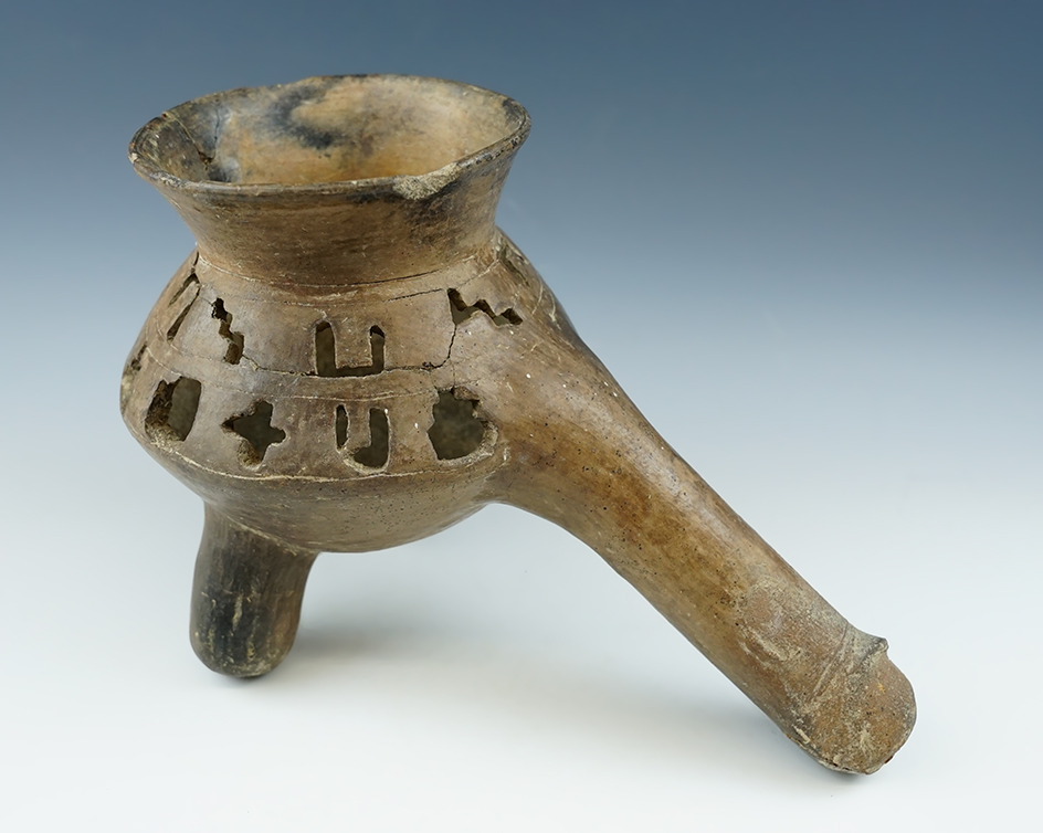 Large  11 1/2" long x 6 1/2" tall Pre-Columbian tri-leg erotic pottery vessel from Mexico.