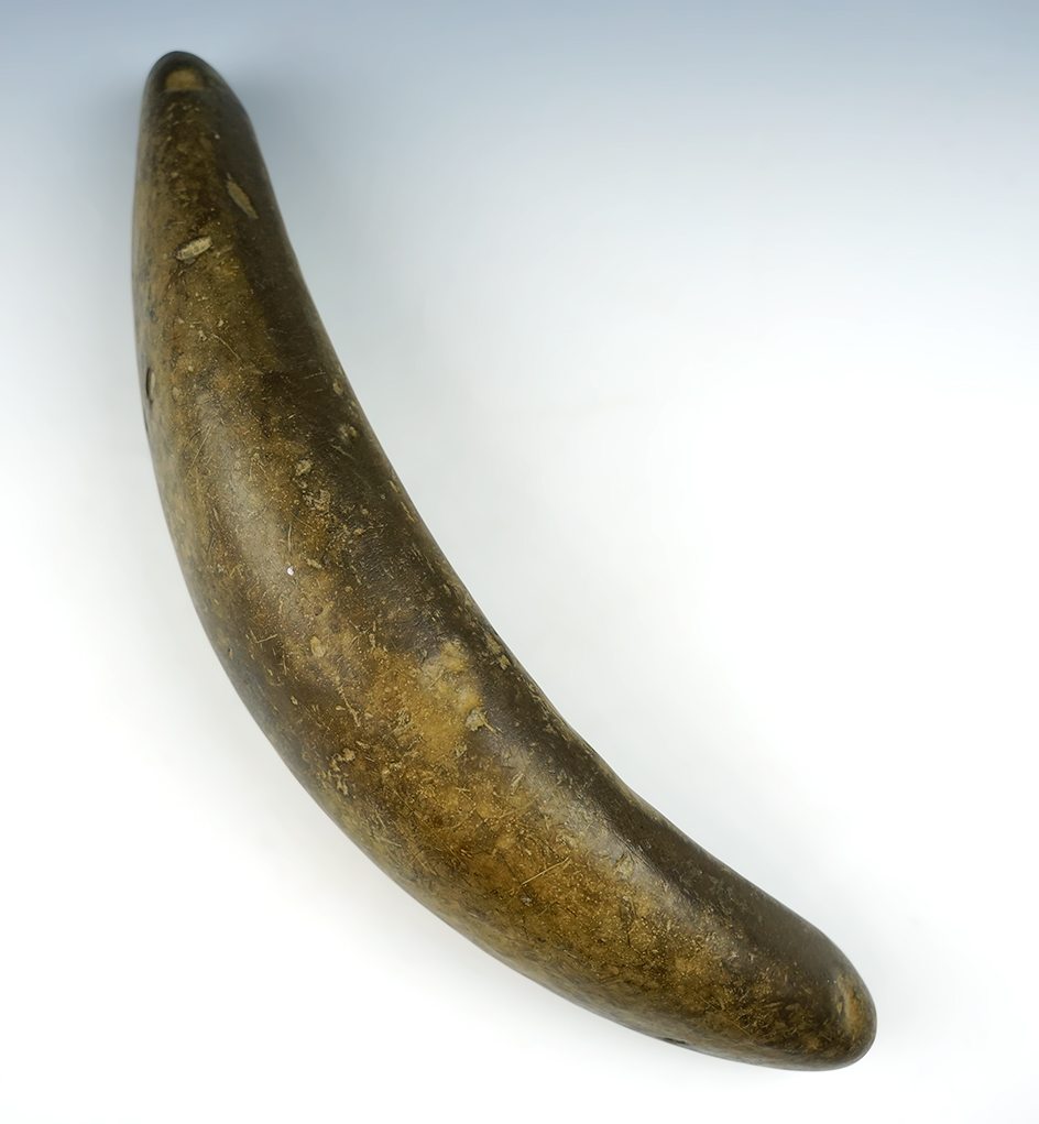 Uniquely styled 12" long polished stone hide tanning tool in very good condition.