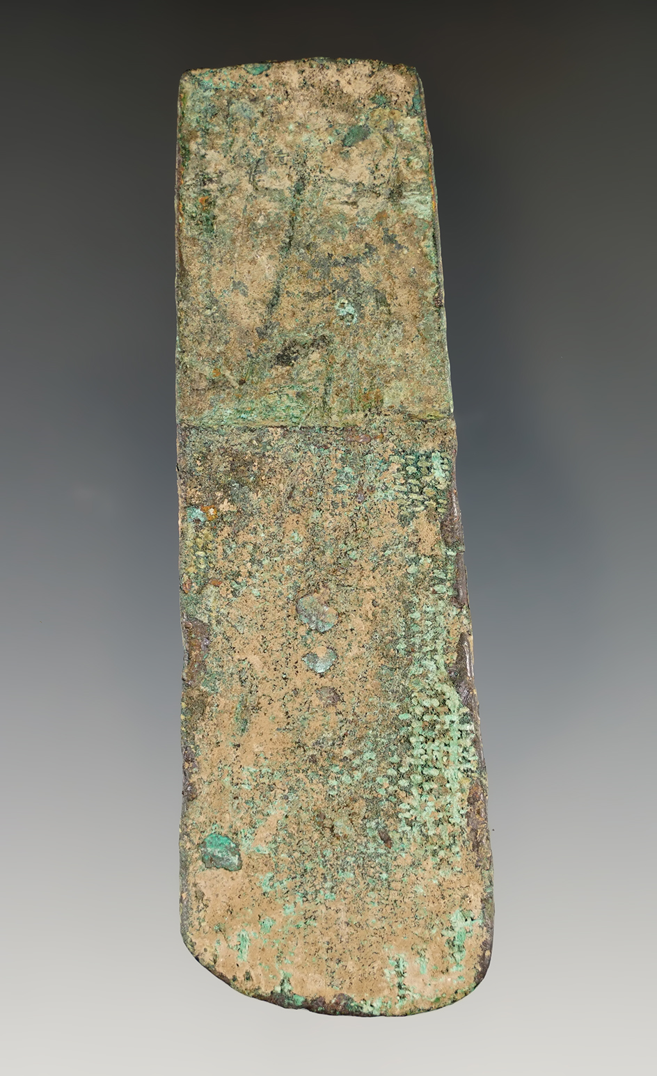Very rare 3 7/8" Copper Celt that  retains patinated textile impressions. LeFlore Co., Oklahoma.