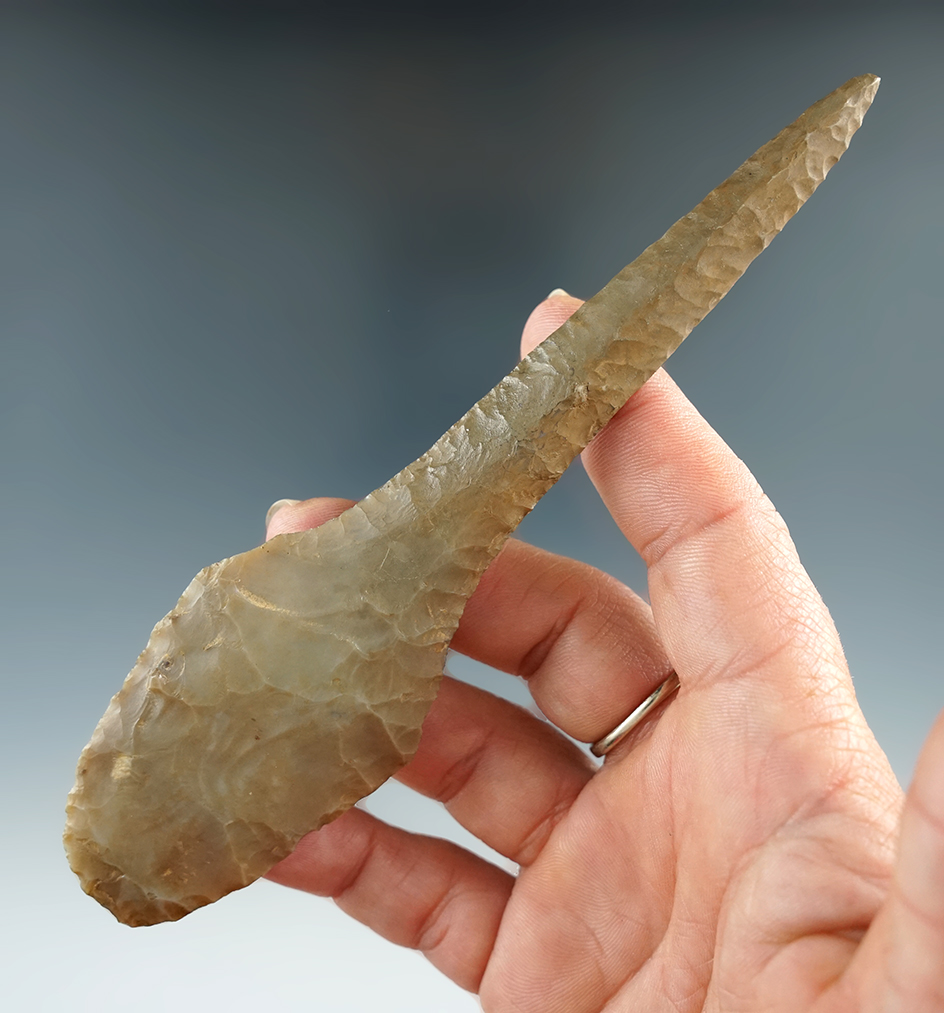 5 5/8" Pin Head Paleo Drill made from Flint Ridge Flint with professional restoration to drill end.