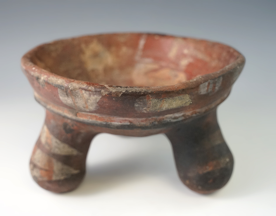 5 5/8" wide by 3 1/2" tall painted pre-Columbian Mixtec-Aztec pottery vessel with Rattle legs