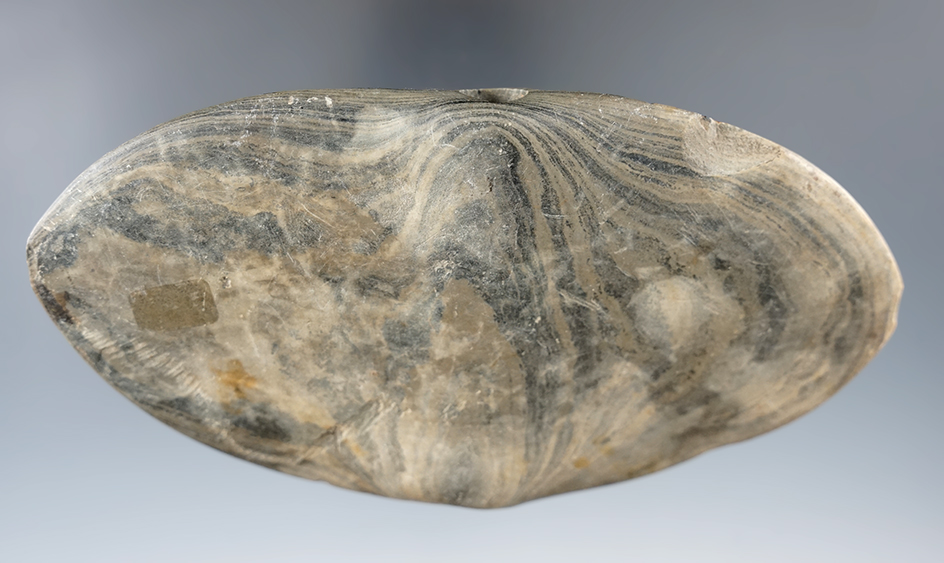 Nice! 5 7/16" wide winged Bannerstone made from banded glacial slate found in Michigan.