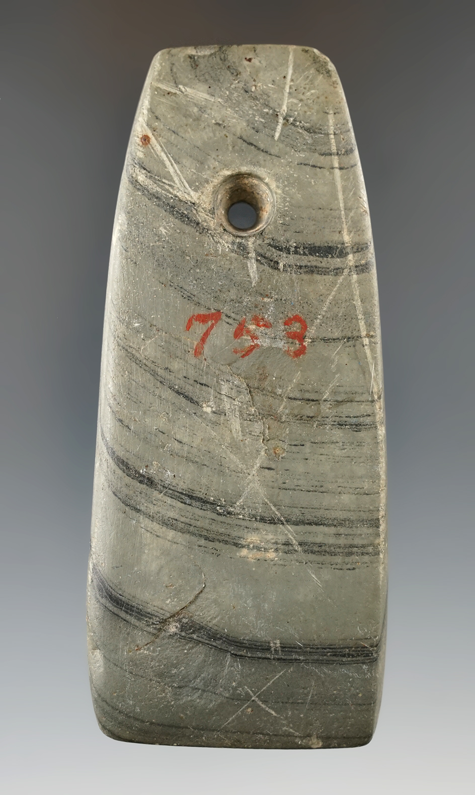 3 7/8" Woodland Trapezoidal Pendant found in Eaton Co., Michigan. Pictured.