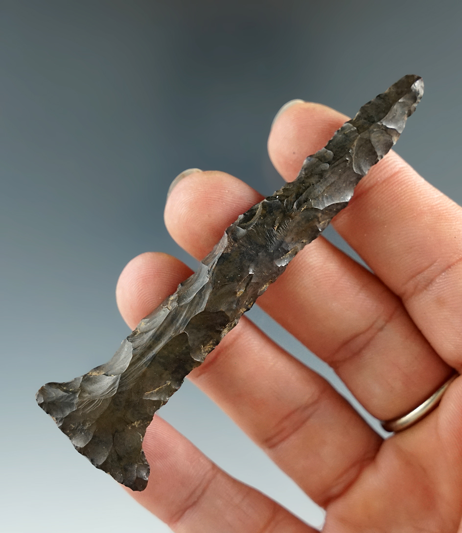 3 3/8" Coshocton Flint drill found in Richland Co., Ohio. Ex. Doug Hooks.