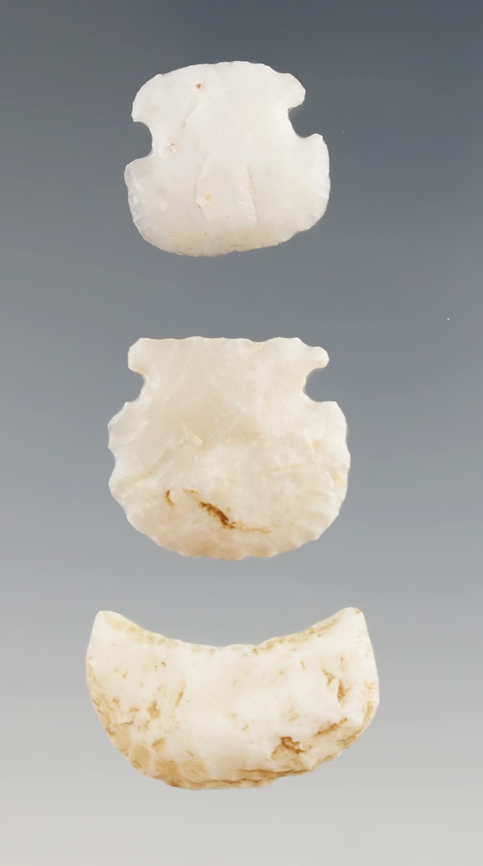 Set of three nice Crescent and hafted scrapers found in Arizona by Neal Johnson.